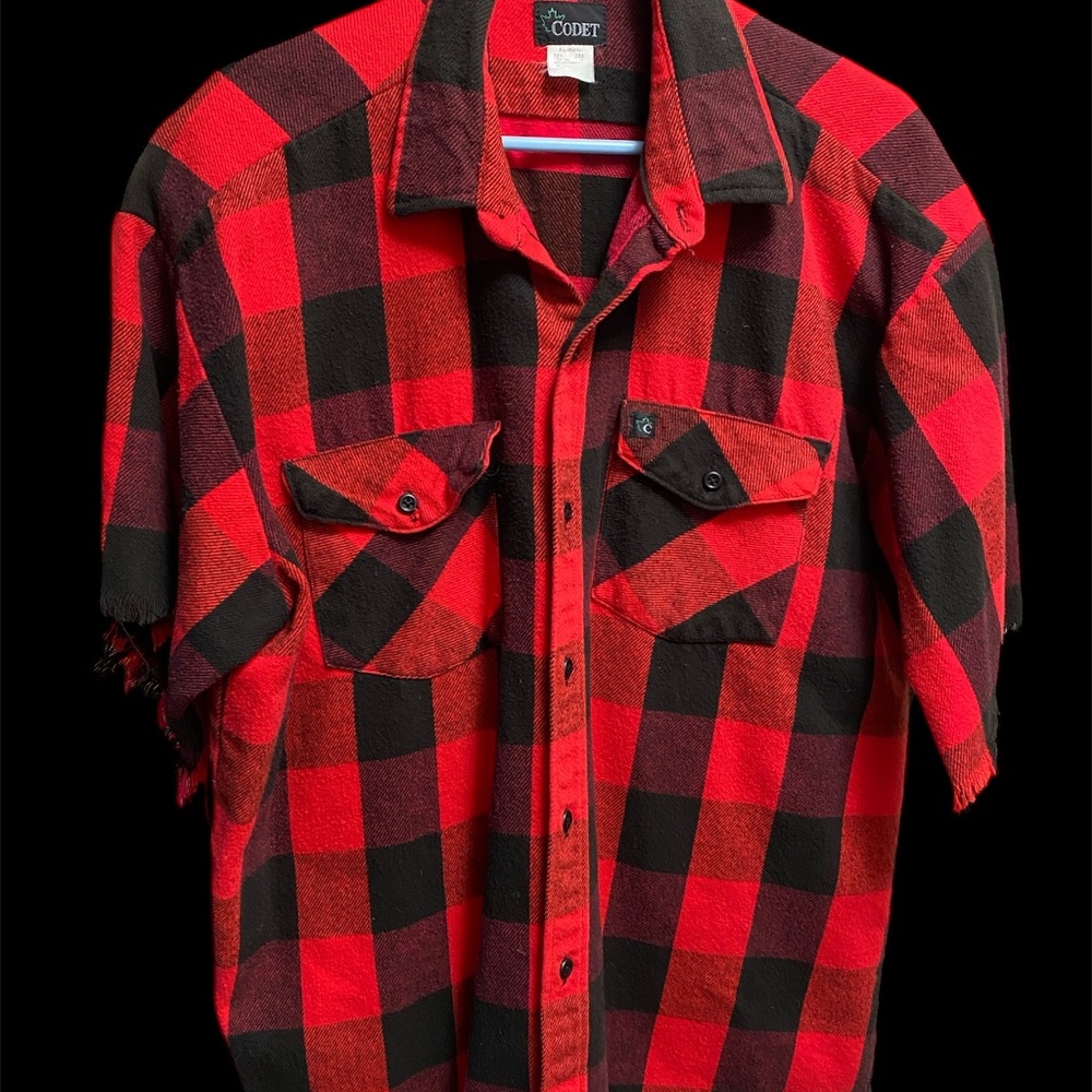 VTG Codet Shirt Mens XL Tall Red Black Buffalo Plaid Flannel Heavy Short Sleeve